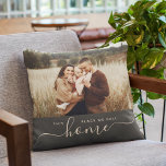 Modern Home Simple Script Photo Charcoal Cushion<br><div class="desc">Score an instant decor upgrade – your couch (and heart) will thank you! This simple, modern photo pillow features your favourite photo, wether it be a family p[ortrait or a cool vacation shot, over trendy script calligraphy with minimalist typography reading THIS PLACE WE CALL HOME. Great Housewarming gift after moving...</div>
