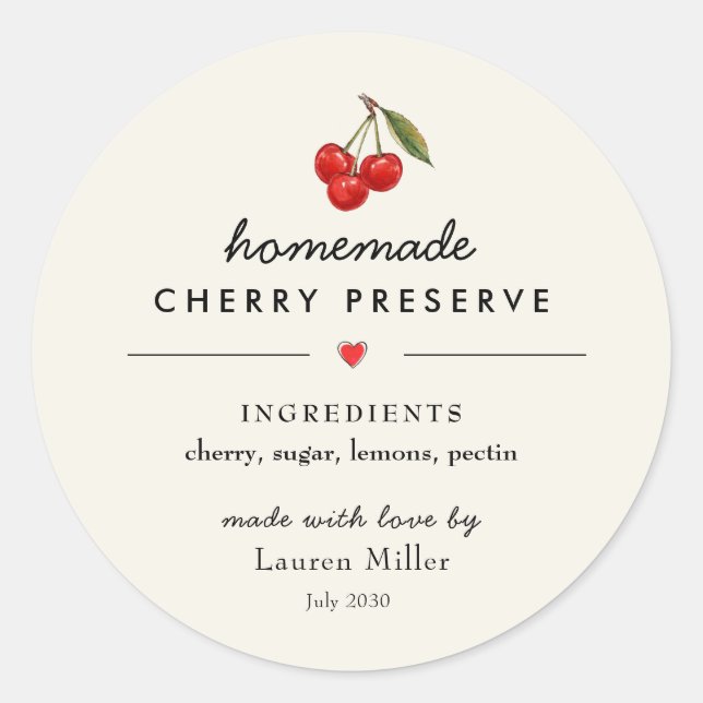 Modern Homemade Cherry Jam jar Sticker (Front)