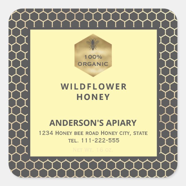 Modern honey comb honeybee honey jar label (Front)