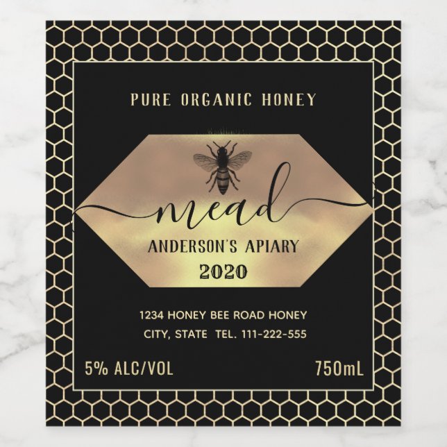 Modern honey comb mead honey bee wine label (Single Label)