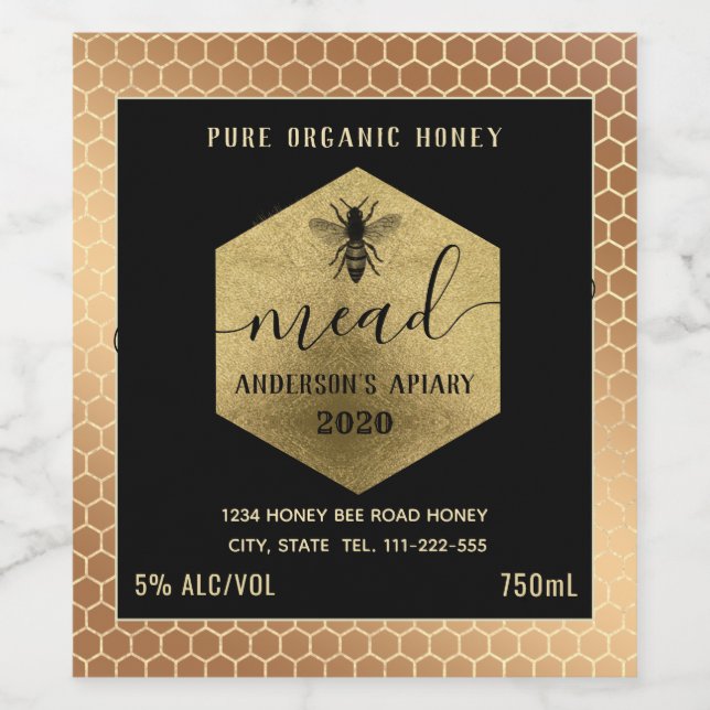 Modern honey comb mead honey bee wine label (Single Label)