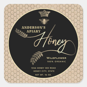 Modern honey jar cardboard look script queen bee   square sticker