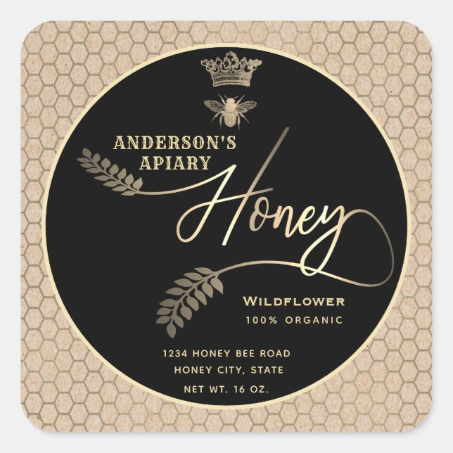 Modern honey jar cardboard look script queen bee   square sticker (Front)