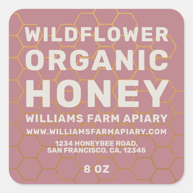 Modern Honey Jar Label Honeybee Apiary Dusty Rose (Front)