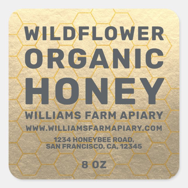 Modern Honey Jar Label Honeybee Apiary Gold (Front)