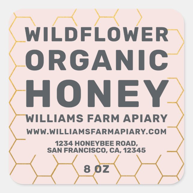 Modern Honey Jar Label Honeybee Apiary Pink (Front)