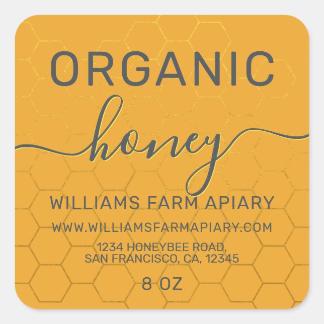 Modern Honey Jar Label Honeybee Apiary Yellow (Front)