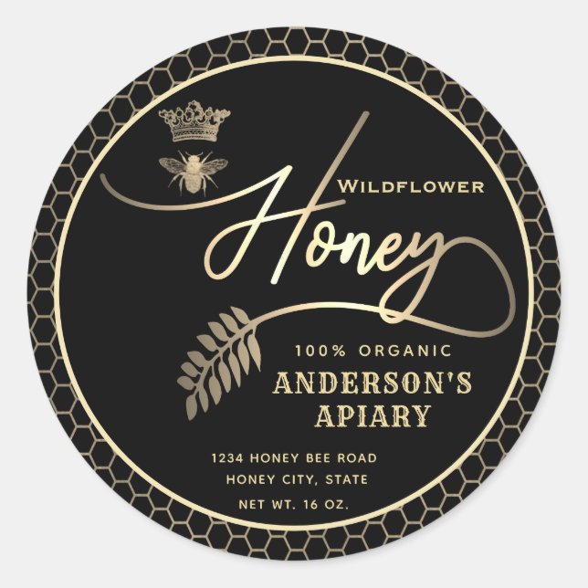 Modern honey jar  script queen bee   classic round sticker (Front)