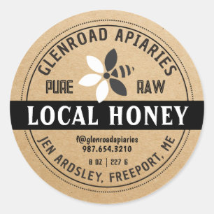Modern Honey Stylised Flower Bee Kraft Black Classic Round Sticker