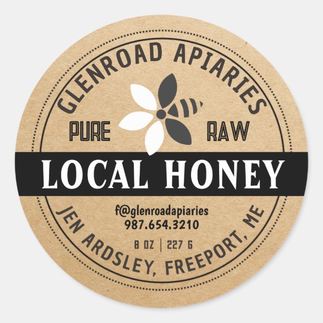 Modern Honey Stylised Flower Bee Kraft Black Classic Round Sticker (Front)