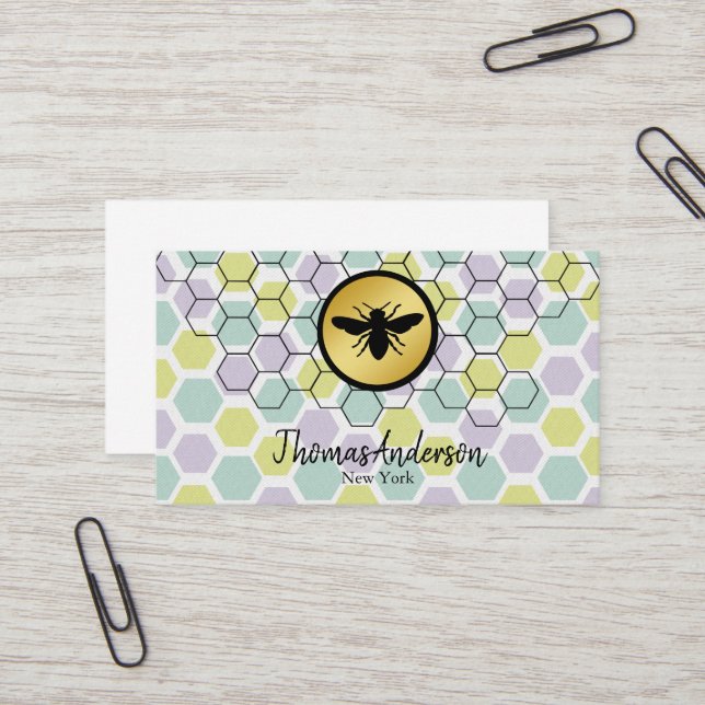 Modern honeycomb and hexagon bee logo  business card (Front/Back In Situ)