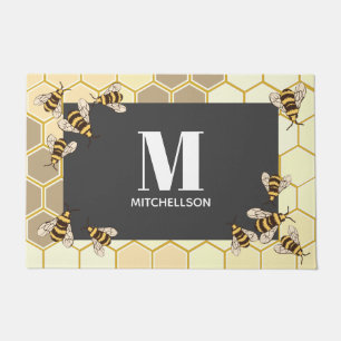 Modern Honeycomb & Bees Family Name Doormat