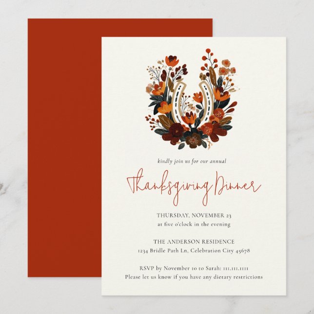 Modern Horseshoe Fall Equestrian Thanksgiving Invitation (Front/Back)
