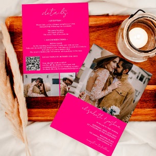 Modern hot pink 4 photo Qr all in one wedding Invitation
