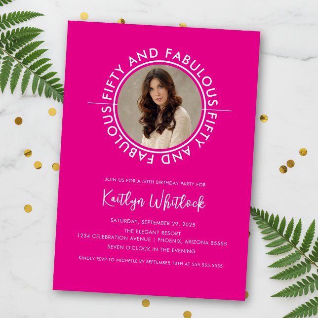 Modern Hot Pink 50 and Fabulous 50th Birthday Invitation (elegant modern hot pink black fifty and fabulous 50th birthday party invitation for her woman women)