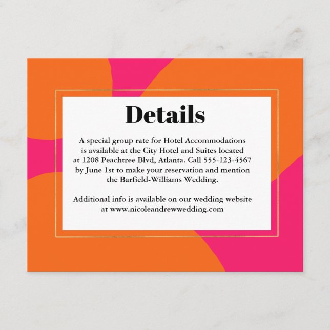 Modern Hot Pink and Orange Abstract Wedding RSVP Enclosure Card (Front)