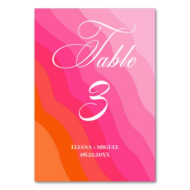 modern hot pink and orange Watercolor Table Number (Front)