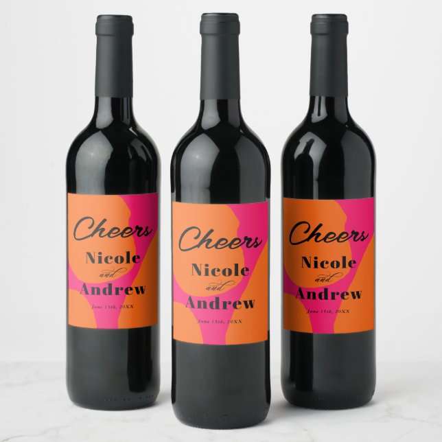 Modern Hot Pink and Orange Wedding Wine Label (Bottles)
