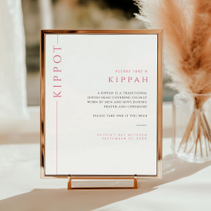 Modern Hot Pink and White Bat Mitzvah Kippah Sign