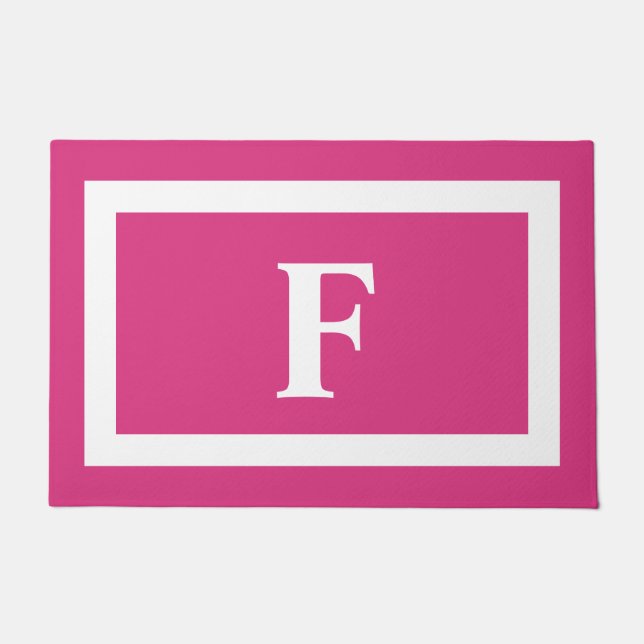 Modern Hot Pink and White Family Monogram Outdoor Doormat (Front)