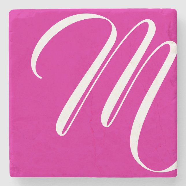 Modern Hot Pink And White Script Monogram Stone Coaster (Front)