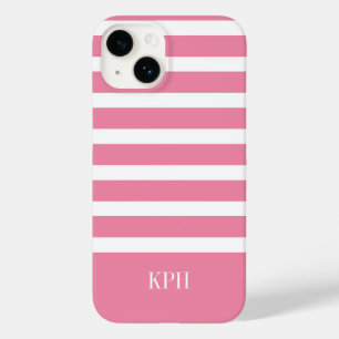 Modern Hot Pink and White Stripe with Monogram  Case-Mate iPhone 14 Case