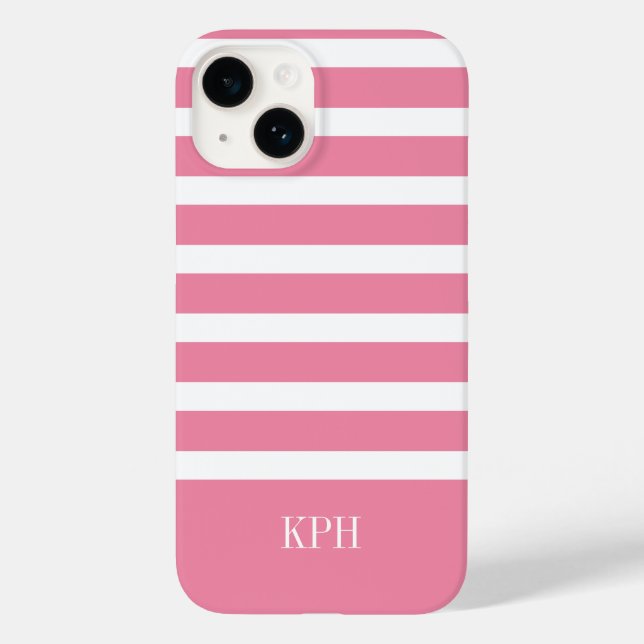 Modern Hot Pink and White Stripe with Monogram  Case-Mate iPhone Case (Back)