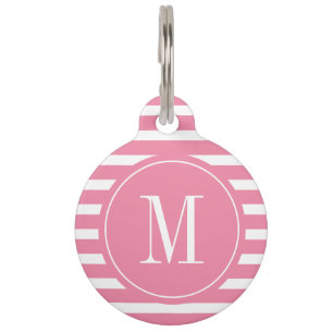 Modern Hot Pink and White Stripe with Monogram  Pet Tag