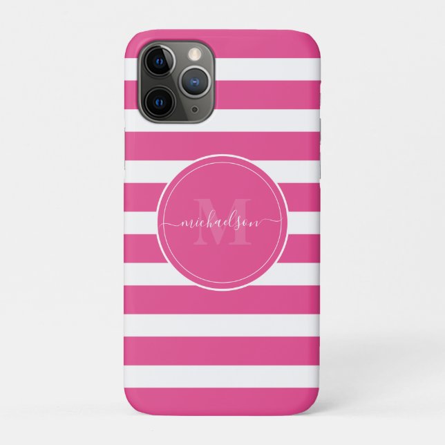Modern Hot Pink and White Stripes Monogram Name  Case-Mate iPhone Case (Back)