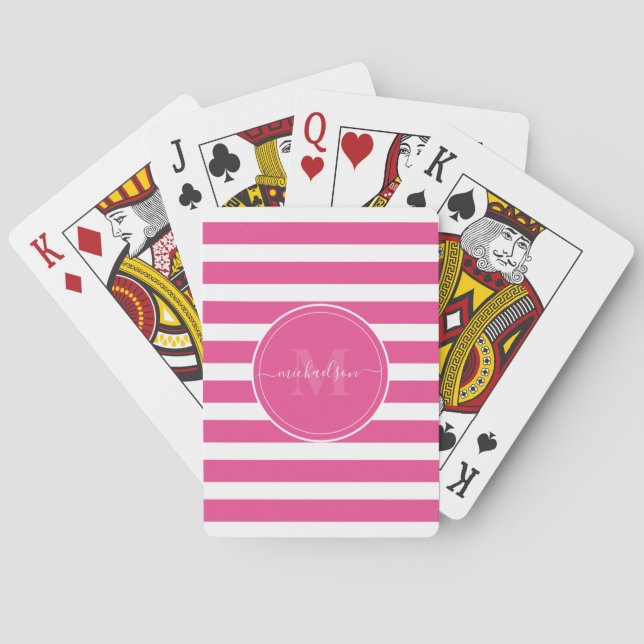 Modern Hot Pink and White Stripes Monogram Name Playing Cards (Back)