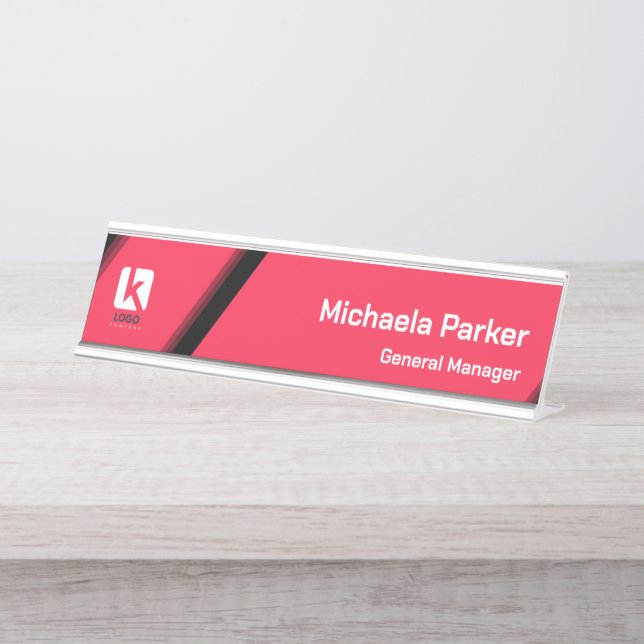 Modern Hot Pink Black Custom Logo Office Desk Name Plate (Front)