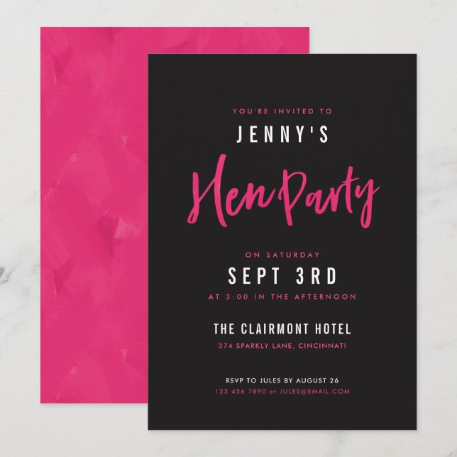 Modern Hot Pink & Black Hen Party Invites (Front/Back)