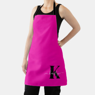 Modern Hot Pink Black Script Monogram Apron