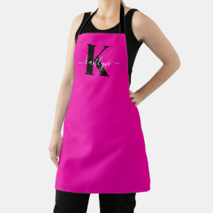 Modern Hot Pink Black Script Monogram Apron