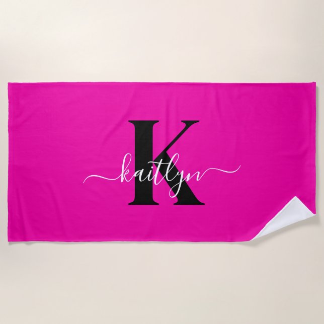 Modern Hot Pink Black Script Monogram Beach Towel (Front)