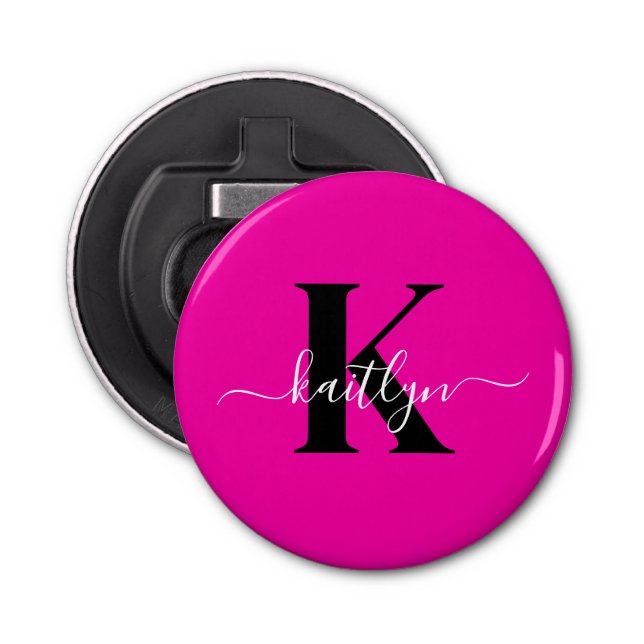 Modern Hot Pink Black Script Monogram Bottle Opener (Front)