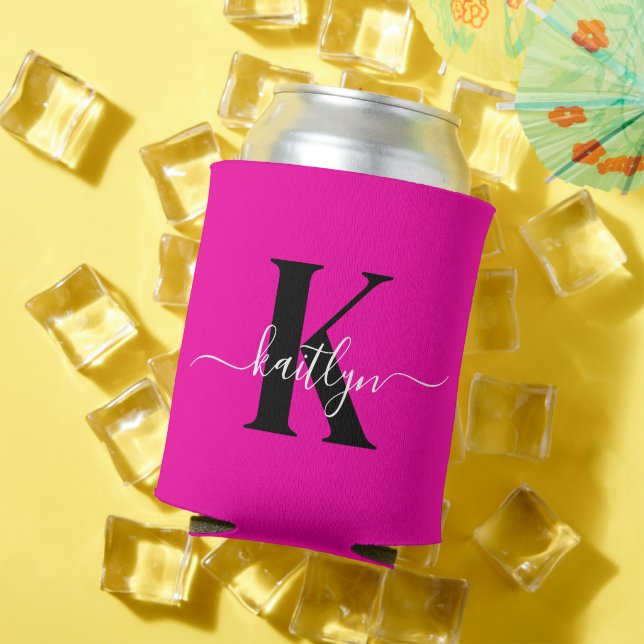 Modern Hot Pink Black Script Monogram Can Cooler (In Situ Summer)