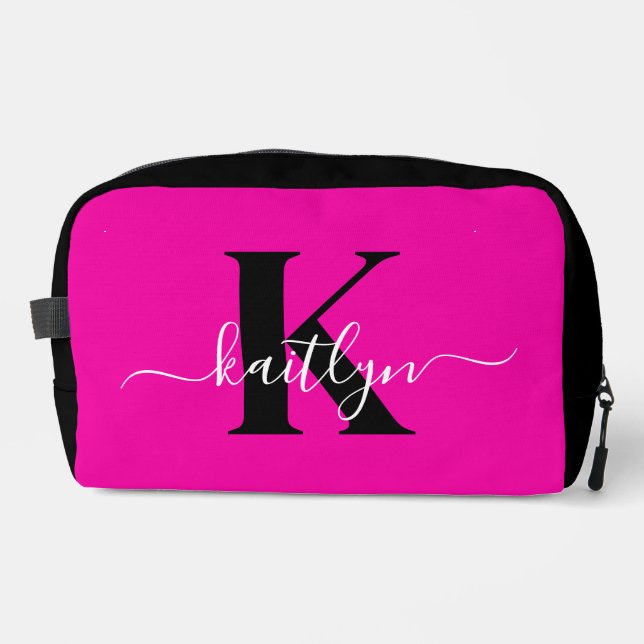 Modern Hot Pink Black Script Monogram Dopp Kit (Front)