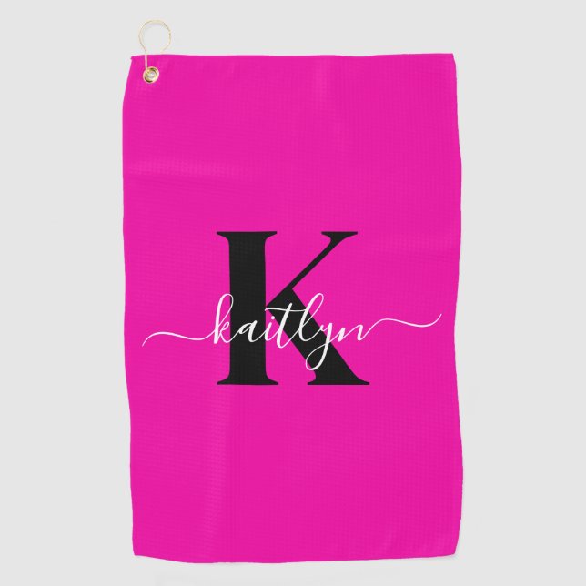 Modern Hot Pink Black Script Monogram Golf Towel (Front)