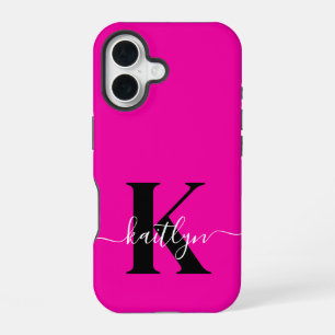 Modern Hot Pink Black Script Monogram iPhone 16 Case