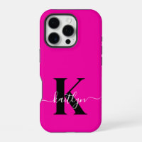 Modern Hot Pink Black Script Monogram