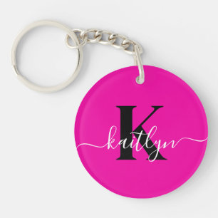 Modern Hot Pink Black Script Monogram Key Ring