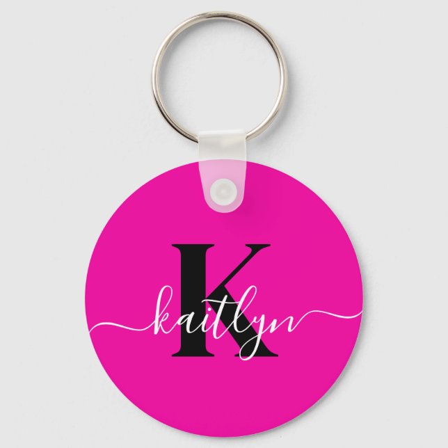 Modern Hot Pink Black Script Monogram Key Ring (Front)