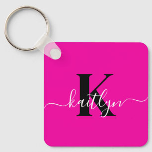 Modern Hot Pink Black Script Monogram Key Ring