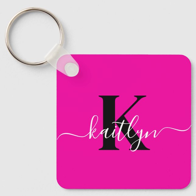 Modern Hot Pink Black Script Monogram Key Ring (Front)