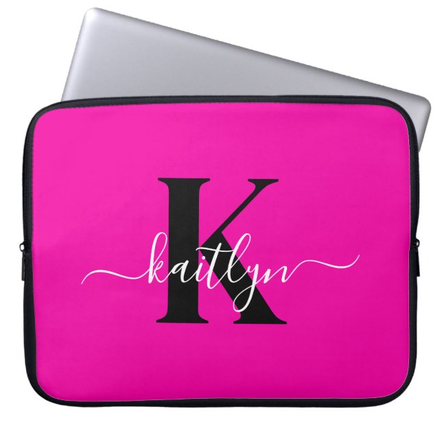 Modern Hot Pink Black Script Monogram Laptop Sleeve (Front)