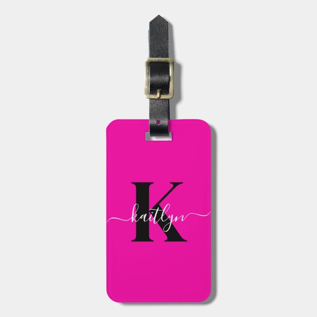 Modern Hot Pink Black Script Monogram Luggage Tag (Front Vertical)