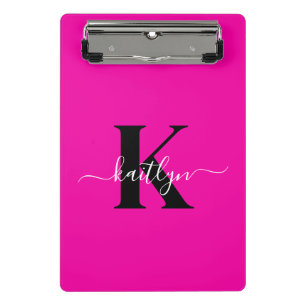 Modern Hot Pink Black Script Monogram Mini Clipboard