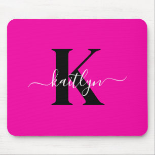 Modern Hot Pink Black Script Monogram Mouse Mat