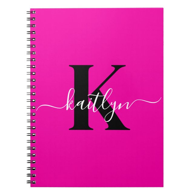 Modern Hot Pink Black Script Monogram Notebook (Front)